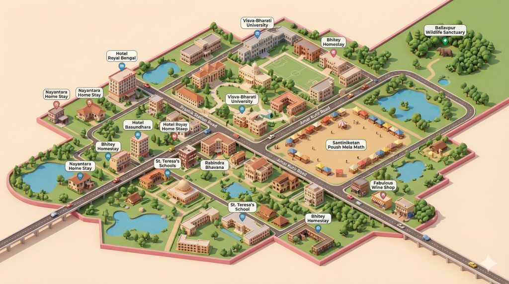 An illustrated map depicts the enchanting town of Santiniketan, featuring labeled buildings and landmarks like Visva-Bharati University—founded by Tagore—schools, home stays, hotels, wine shops, ponds, roads, bridges, and Ballupur Wildlife Sanctuary.