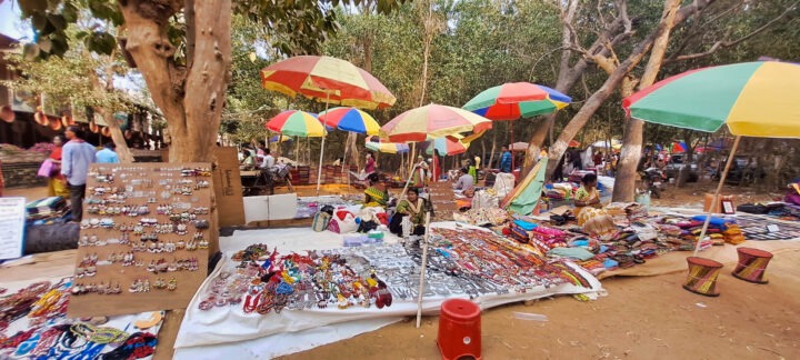 A vibrant outdoor market stall displays various colorful items, including jewelry, under large, multicolored umbrellas. There are trees in the background, and the ground is covered with dried leaves and dirt. People are browsing the market.